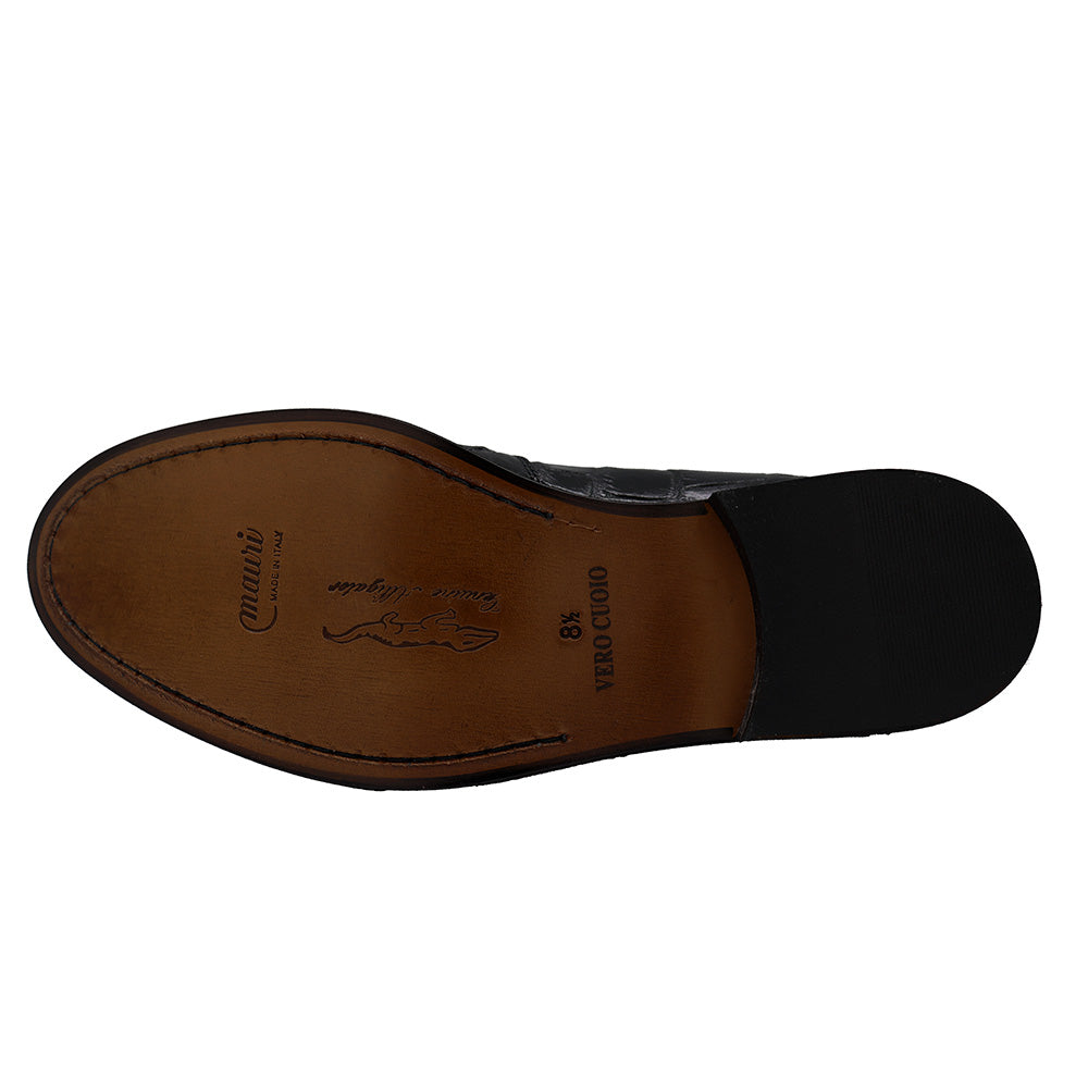 Mauri 1028 Alligator Loafers showing black alligator leather shoes with slip-on style and sleek design.