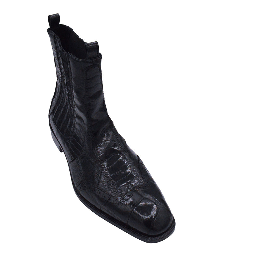 Black Mauri 1092 alligator and ostrich leg boots with pointed toes and stacked heels, showcasing luxurious exotic leather footwear.