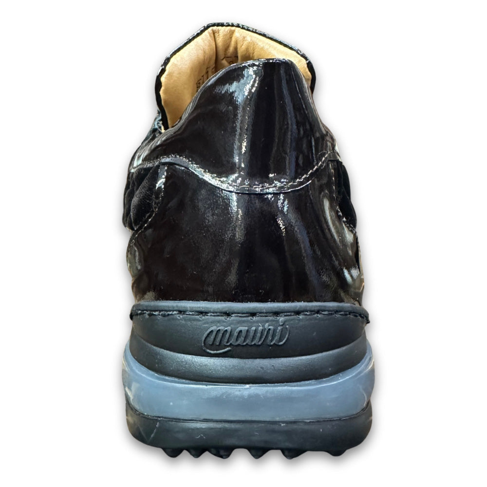 Mauri 8415 patent leather, hornback and velvet sneakers with stylish design and mixed textures, front view showing laces and sole.