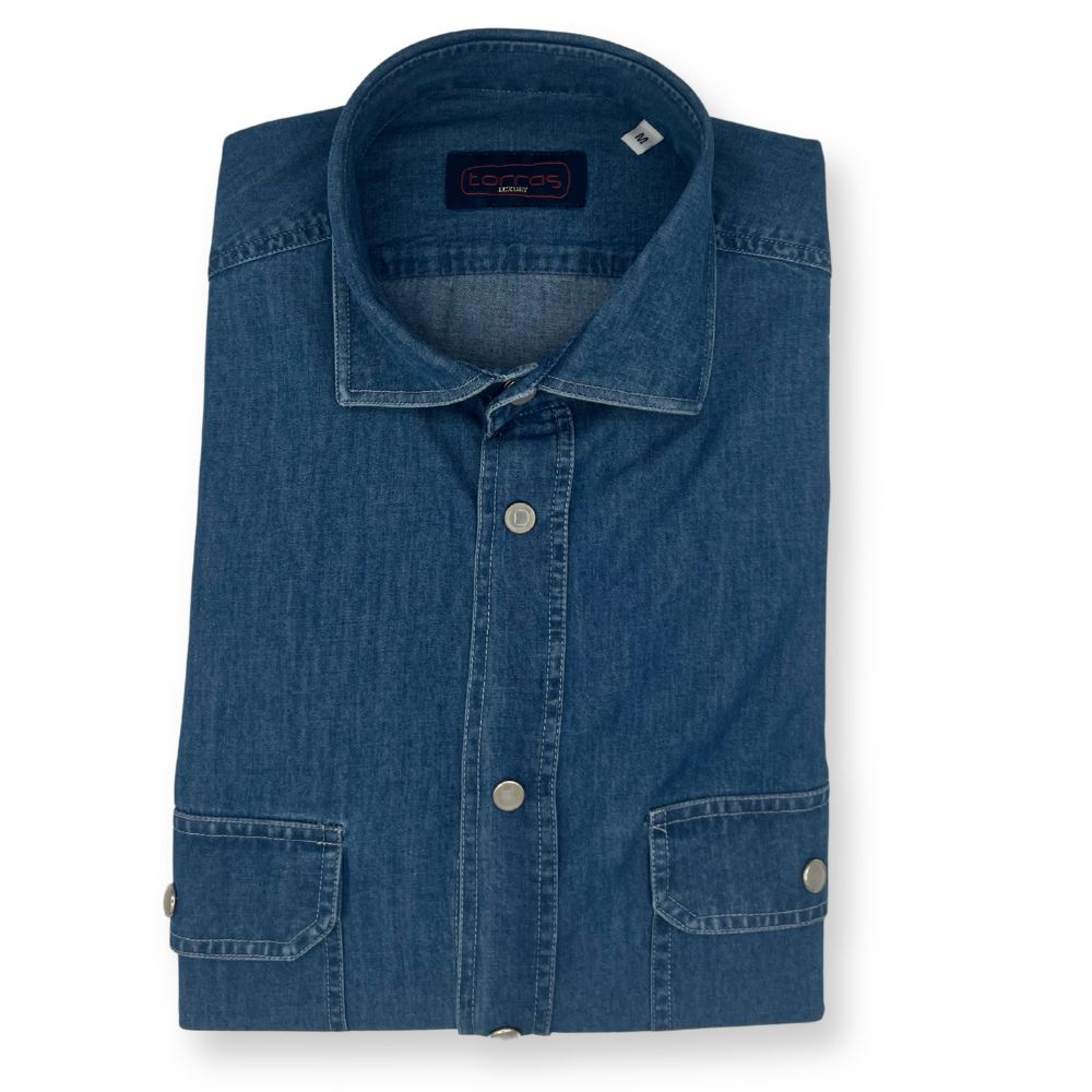 Torras premium 100% cotton long-sleeve shirt with button-down front and classic fit, displayed on a hanger.