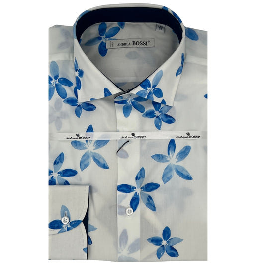 Andrea Bossi Cotton Button Up White and Blue Iris - 3090A - Cellini Uomo