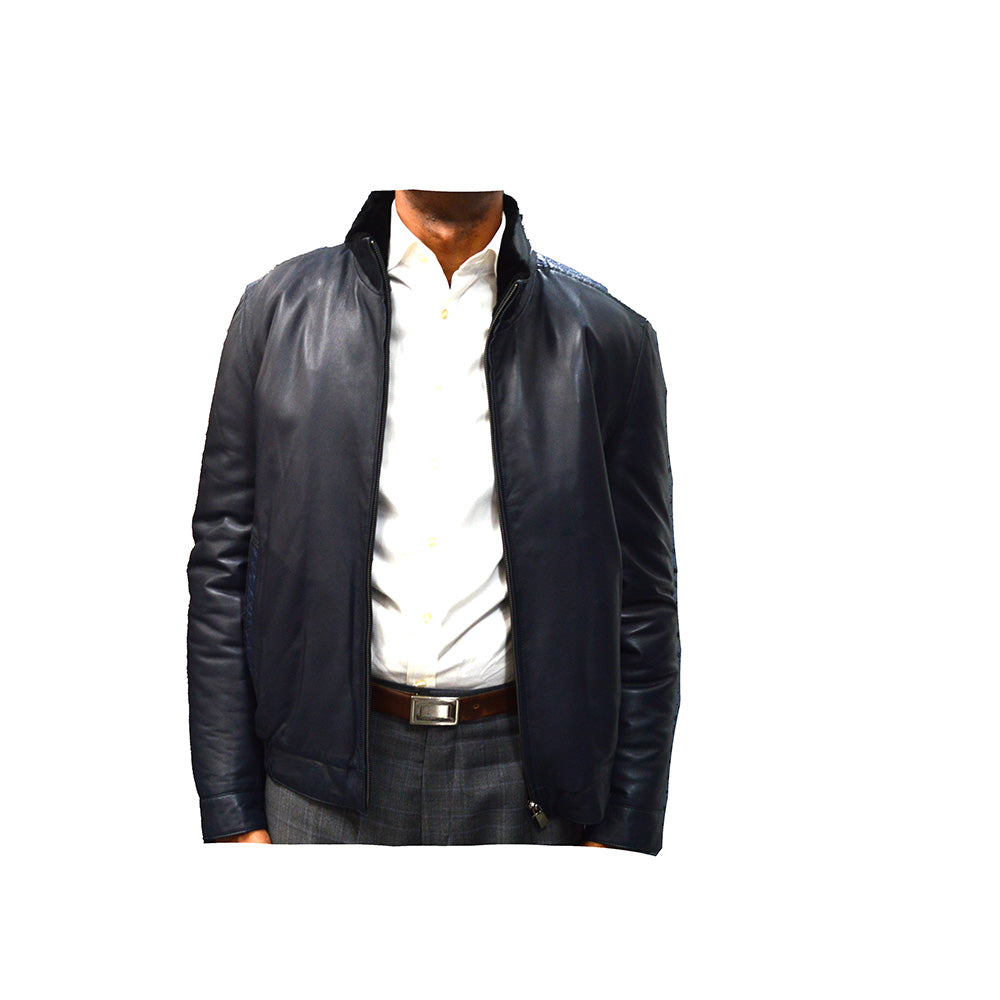 Torras Navy Leather Shearling Jacket