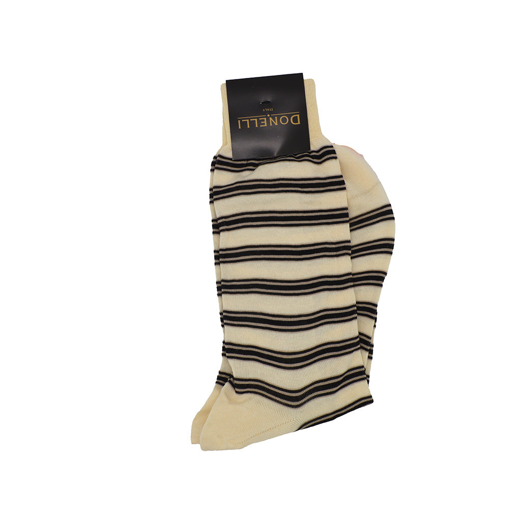 Men's Cotton Socks Off White with Brown Stripes - Cellini Uomo