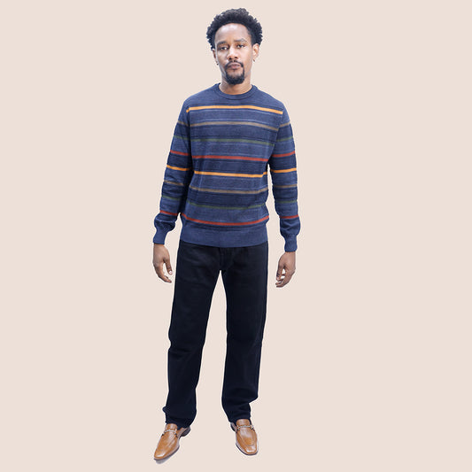 Montechiaro Navy and Multi-Colored Italian Striped Sweater 30127610M - Cellini Uomo