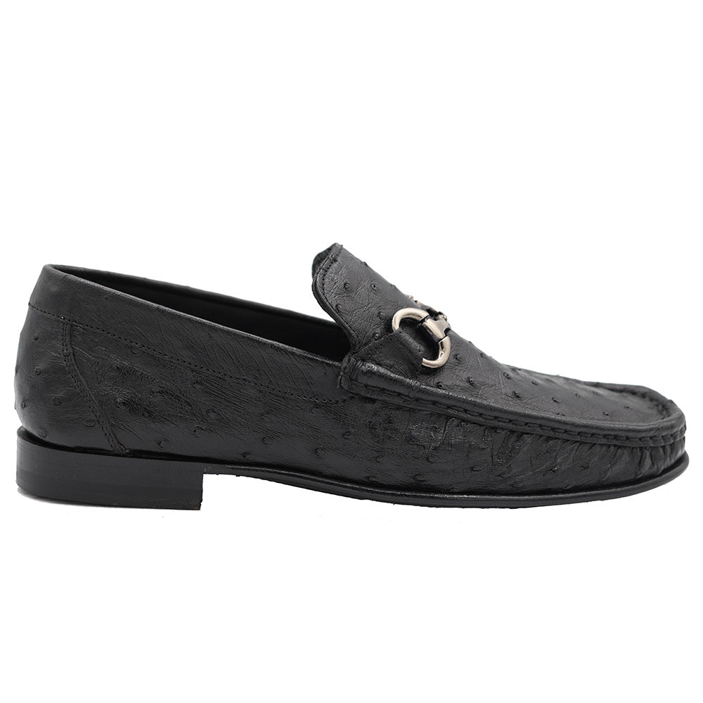 Calzoleria Toscana V2-3238 ostrich leather loafer in dark colors, showing sleek design and textured finish.