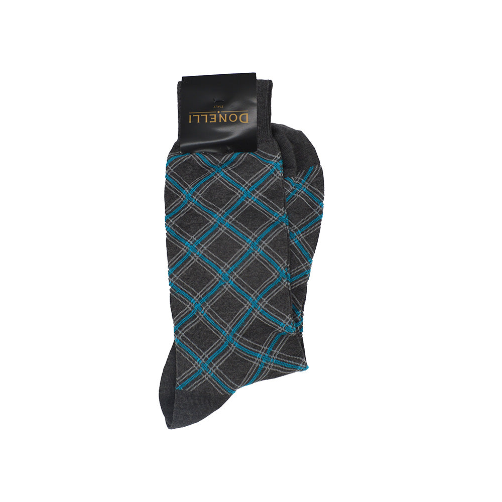 Men's Cotton Socks Medium Grey and Turquoise - Cellini Uomo