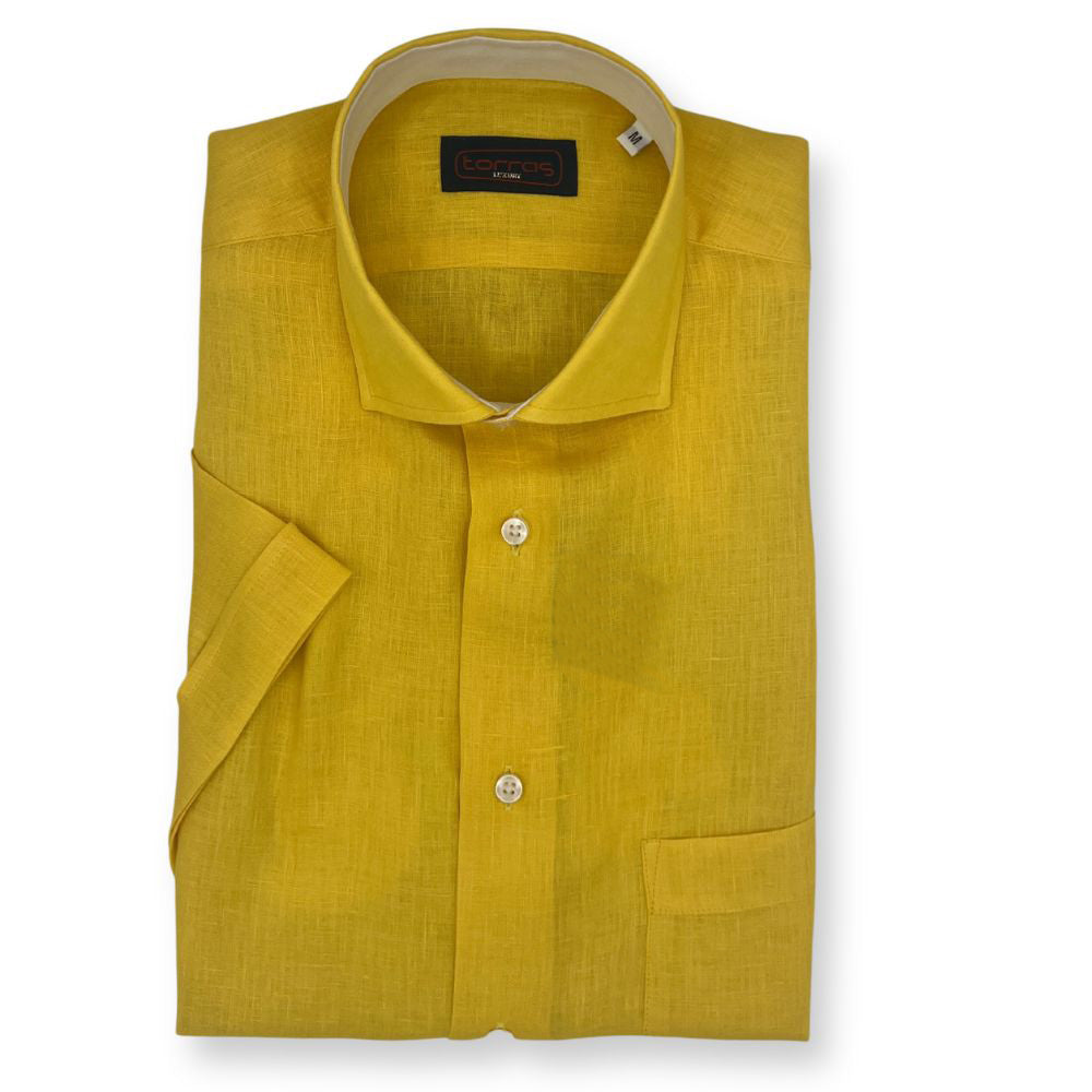 Torras premium Italian 100% linen short-sleeve shirt in light blue, featuring a classic collar and button front.