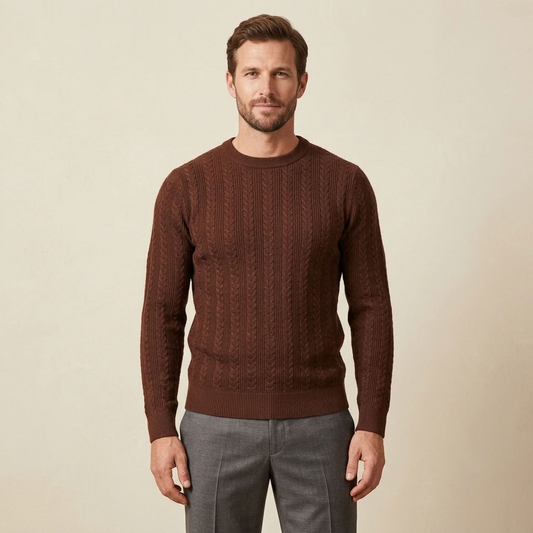 Prestige SW-6599 Cable-Knit Crew Neck Wool-Blend Sweater