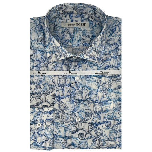 Andrea Bossi cotton button-up shirt in blue and cream, featuring a classic collar and long sleeves, casual and stylish for everyday wear.