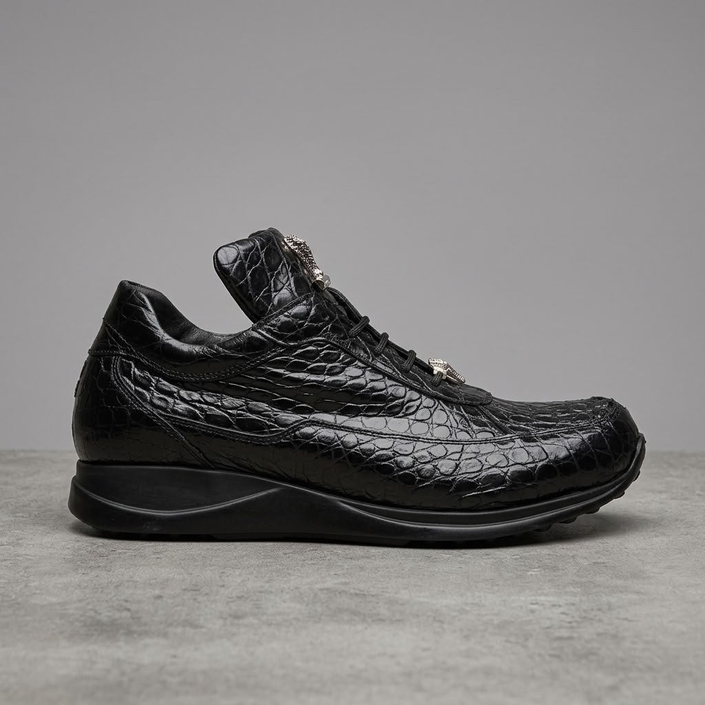 Mauri 8900 alligator skin sneakers in black and silver with sleek design and textured leather details.