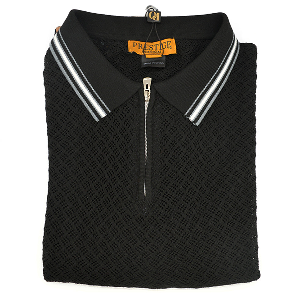 Black Prestige Light Weight Zip Polo shirt, men's casual top with a zip collar and comfortable fit, shown on a hanger.