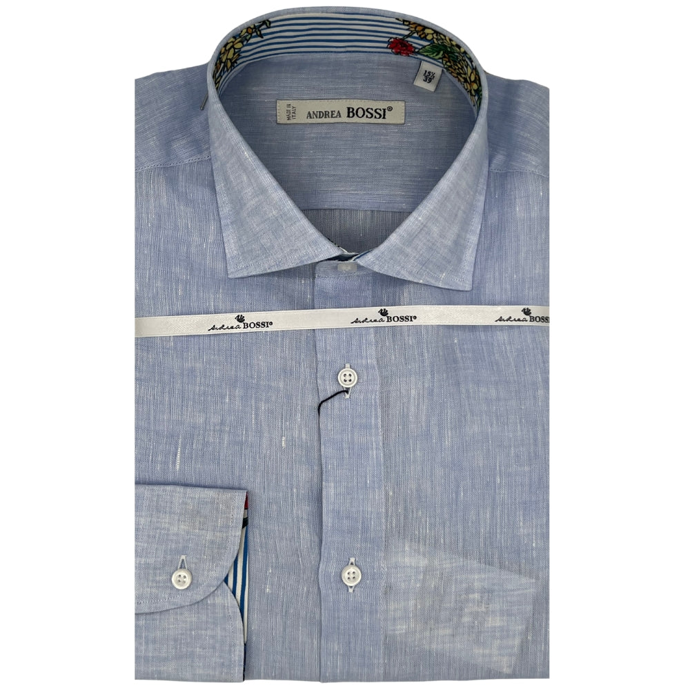 Andrea Bossi linen button-up long-sleeve shirt featuring a relaxed fit and natural beige color, with classic collar and button cuffs.