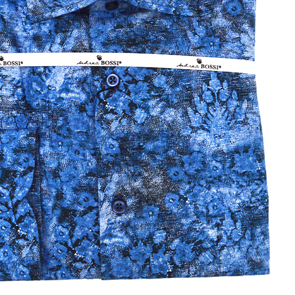 Blue floral design dress shirt by Andrea BOSSI, featuring a stylish pattern and tailored fit for men's apparel.