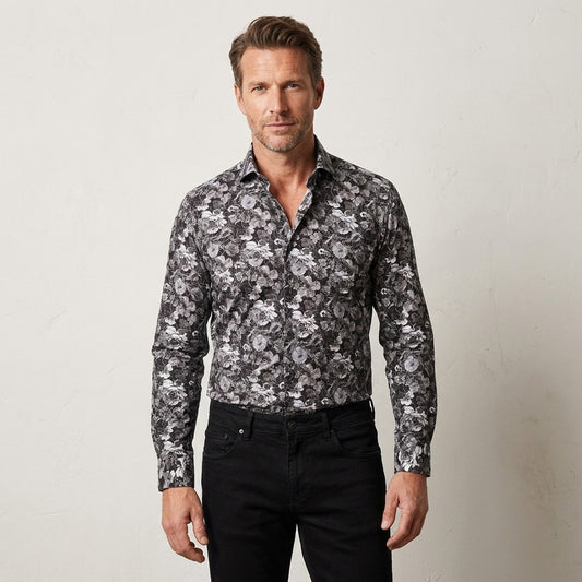 Black Andrea Bossi floral design dress shirt, tailored men's apparel with vibrant floral pattern, suitable for formal or casual wear