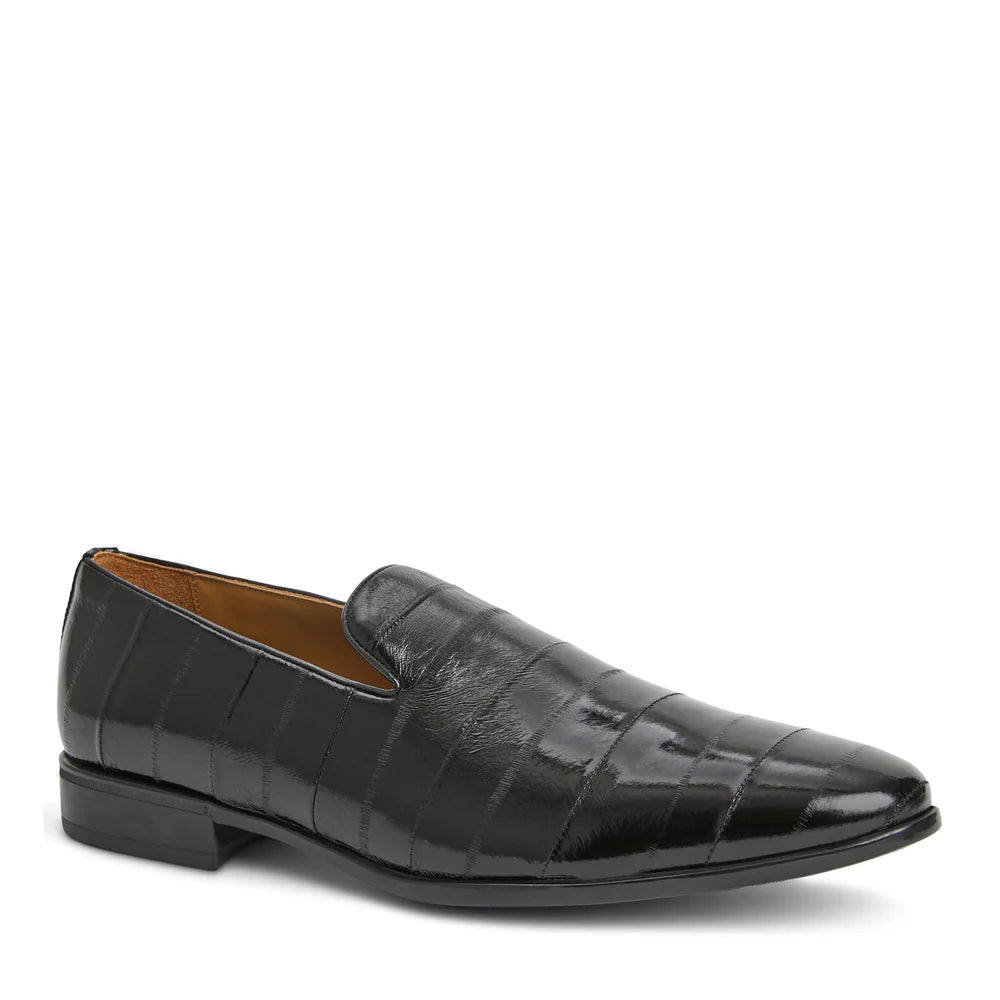 Bruno Magli Bellino black eel skin leather loafer dress shoe with sleek design and polished finish.