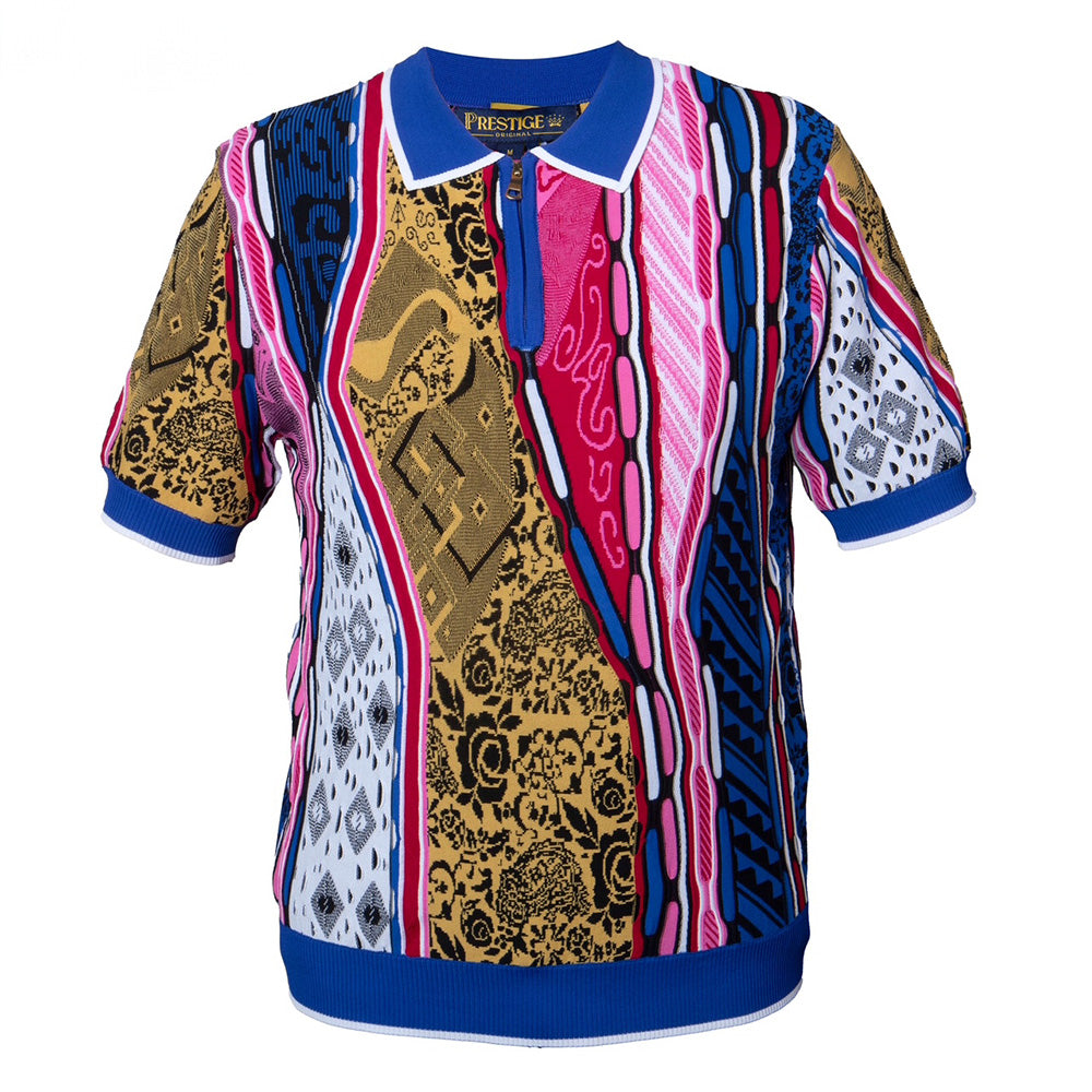 Royal blue Prestige Polo Neck Half Zip Short Sleeve Shirt CMK-402 displayed on a hanger, showcasing its collar and half-zip design.