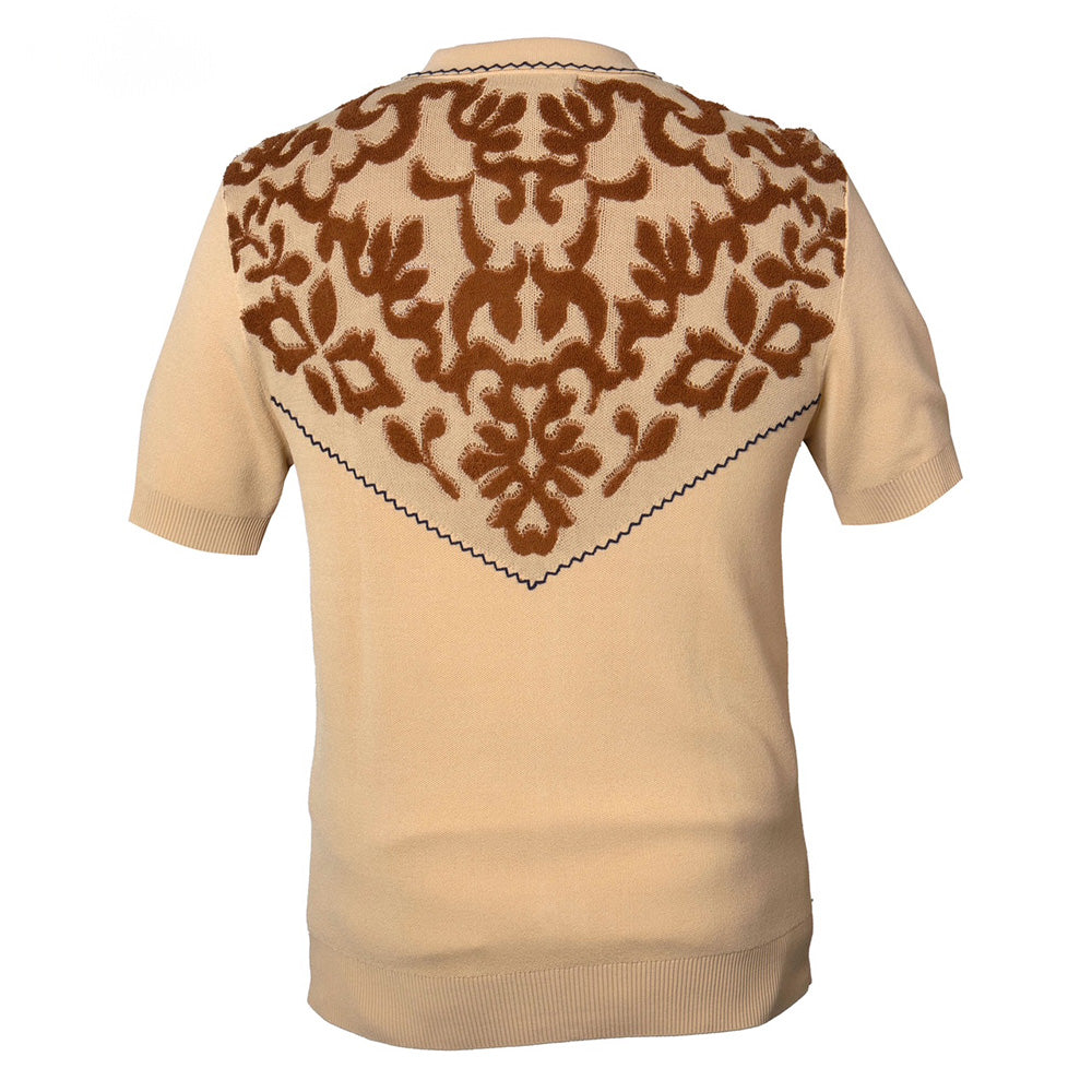 Tan Prestige Polo Neck Short Sleeve Shirt CMK-405 displayed on a hanger, showcasing its classic polo style and short sleeves.