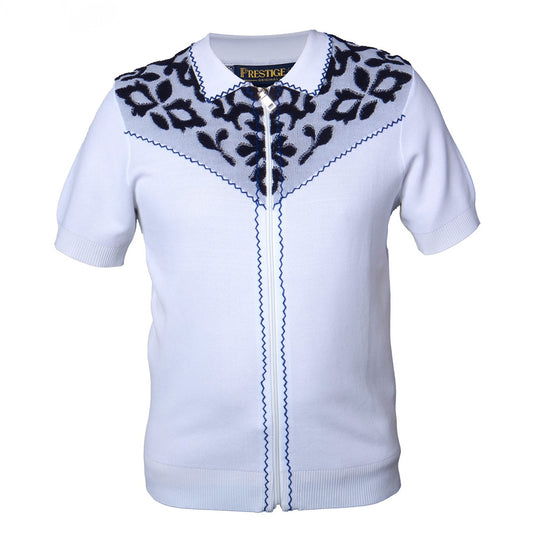White Prestige polo neck short sleeve shirt, model CMK-405, displayed flat with collar and fabric details visible.