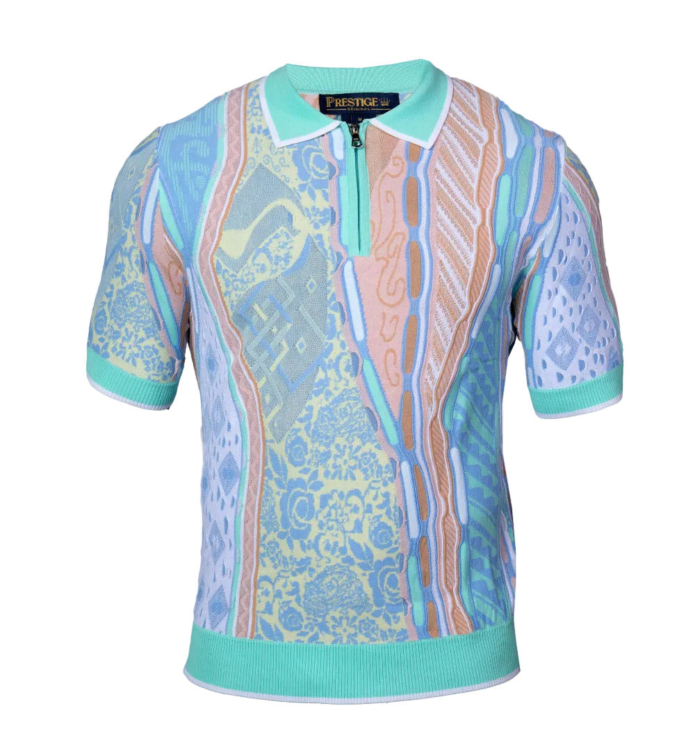 Prestige multi-color knit polo shirt with pastel design, featuring a classic collar and short sleeves.