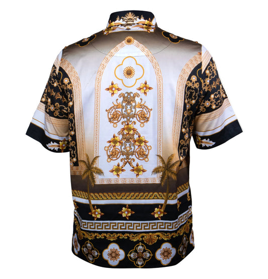Black Prestige Cotton Button Up Shirt 426, displayed on a hanger with a close-up of the front and collar detail.
