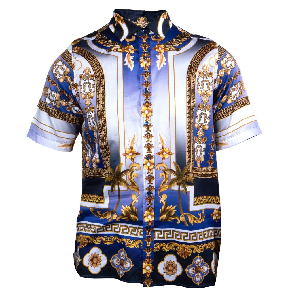 Navy Prestige Cotton Button Up Shirt 426 with collar and long sleeves, displayed on a hanger.