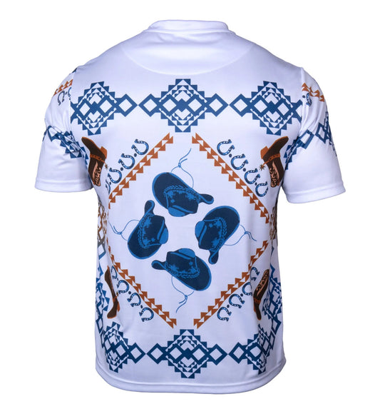 White graphic shirt by Prestige, model DPP-620, featuring a stylish design and casual fit, displayed on a hanger.