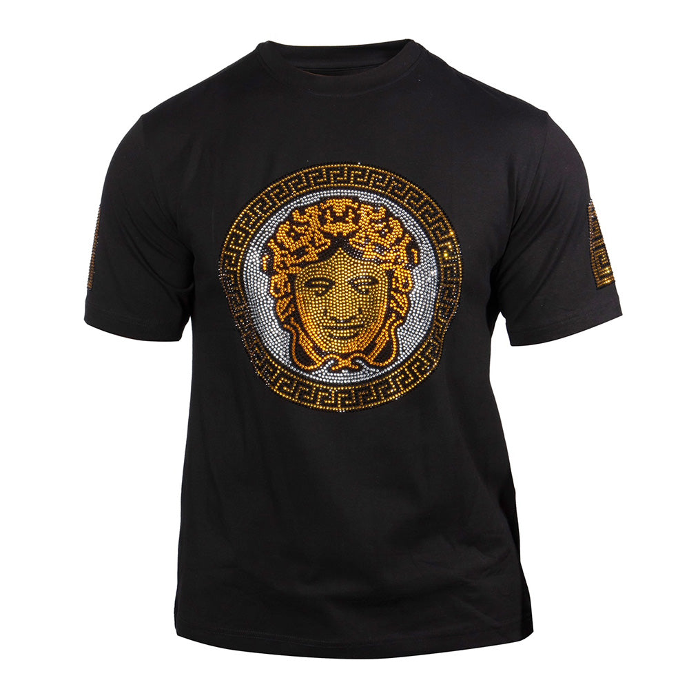 Black Prestige Greek Head T-shirt, short sleeve casual shirt with Greek-inspired graphic design, made by Prestige.