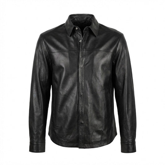 Torras Premium Leather Shirt L87313, black leather shirt with sleek design, long sleeves, and classic collar on a plain background.