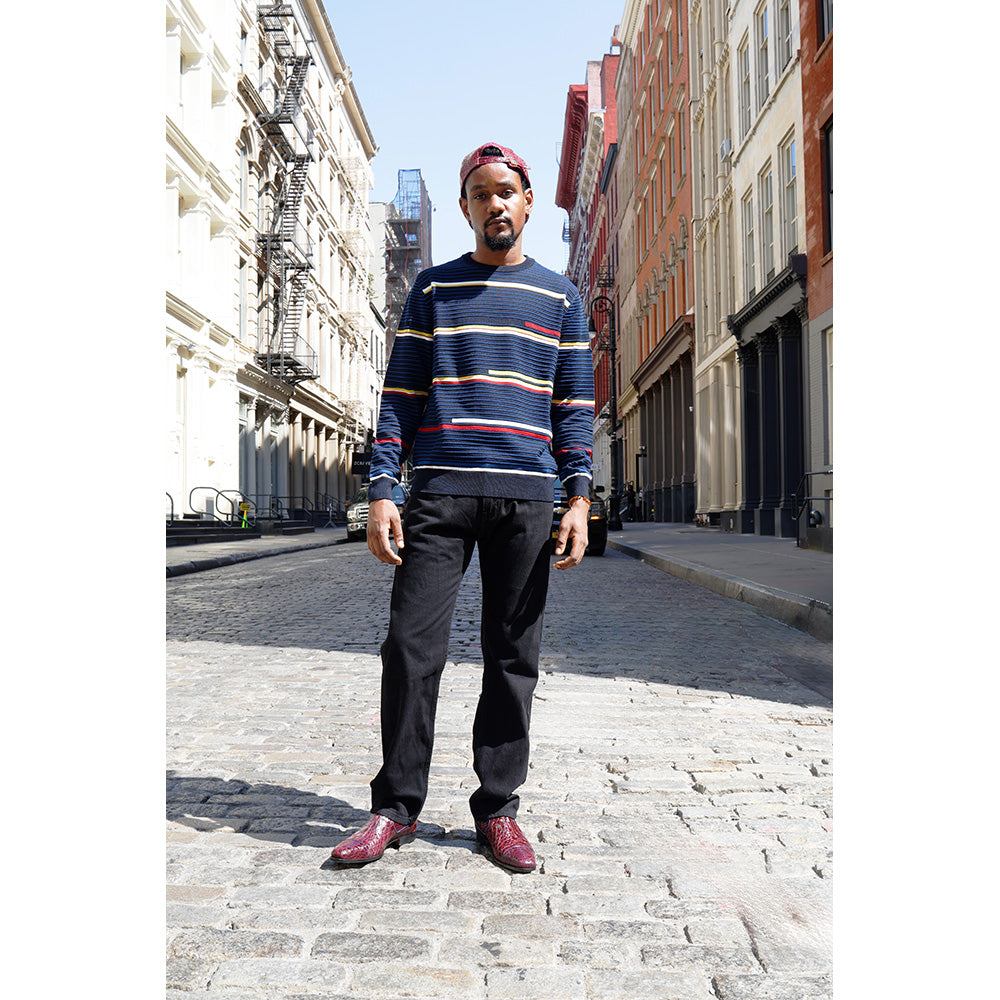 Montechiaro Navy and Multi-Colored Italian Striped Sweater 30041210Y - Cellini Uomo