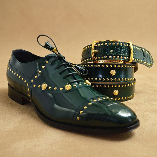 Mauri Vegas 4901 alligator and leather lace-up dress shoes with polished patent leather finish and classic design.