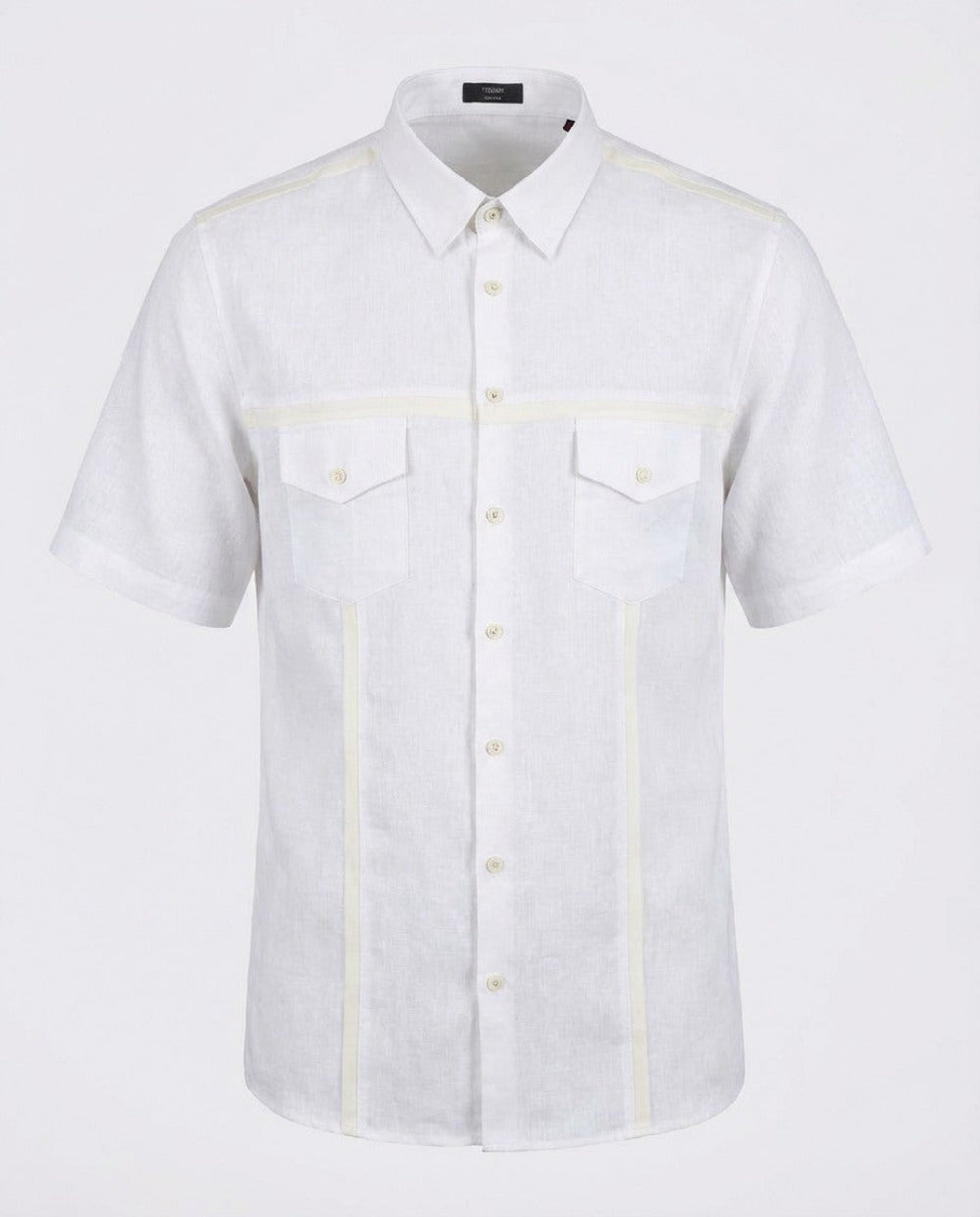 White Torras linen short sleeve button-up shirt with lambskin trim, lightweight and stylish for casual wear.