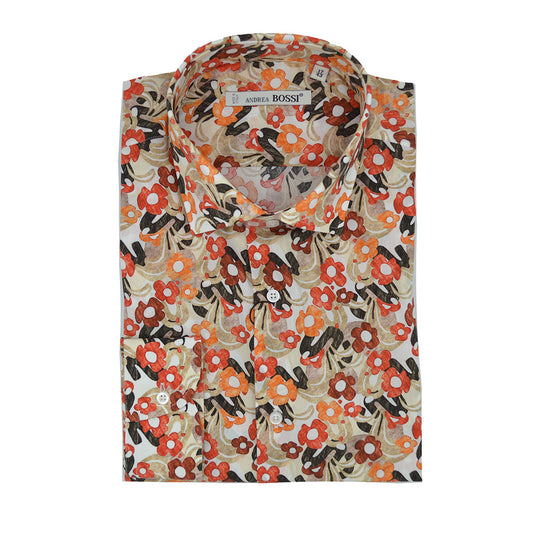 Andrea Bossi cotton button-up shirt in orange and brown, casual tops for women, featuring a classic collar and button front.