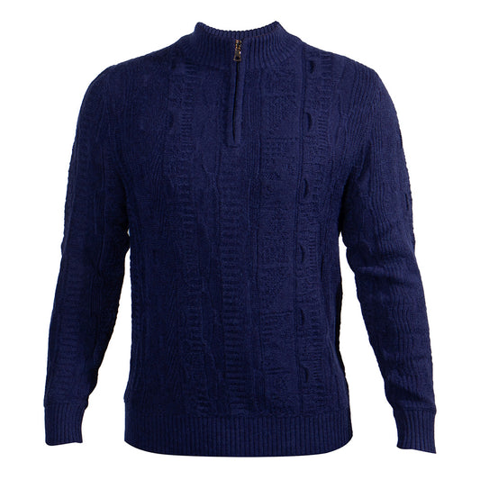 Navy Prestige long sleeve mock neck sweater, stylish clothing with a fitted design and soft fabric for comfortable wear.