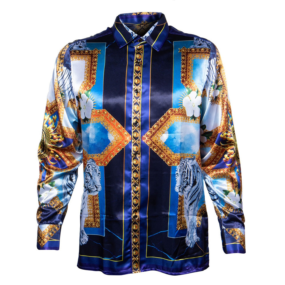 Navy Prestige Satin Digital Print Button-Up Shirt PR-470 displayed flat with collar and front buttons, showcasing sleek satin fabric.