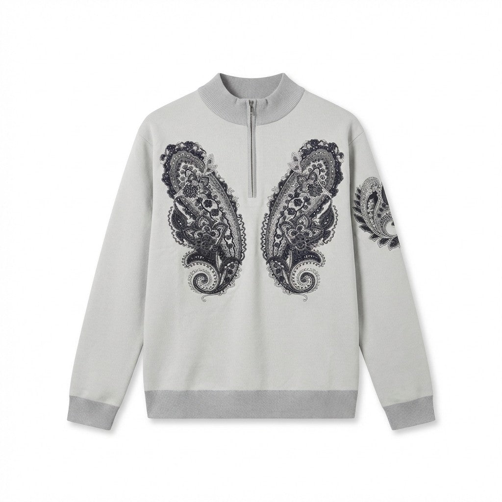 Prestige black paisley embroidered sweater with intricate paisley patterns and detailed embroidery on a cozy knit fabric.