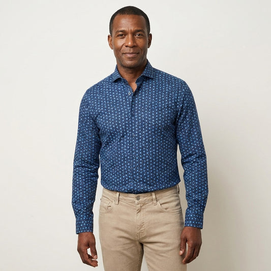 Torras blue and stars print 100% cotton shirt displayed flat, highlighting the casual design and celestial pattern.