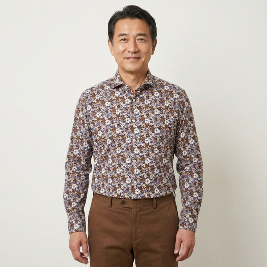 Torras floral print cotton shirt in brown with a relaxed fit, featuring a button-up front and long sleeves.