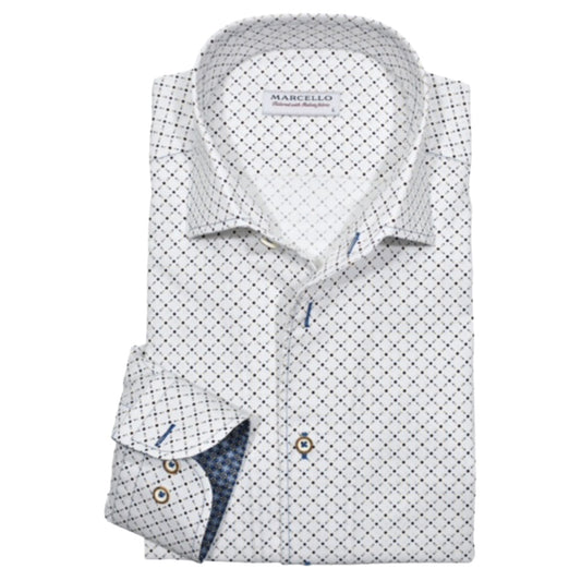 Marcello W-895R Roll White and Beige Diamond Pattern Shirt, casual men's shirt with rolled sleeves and classic fit.