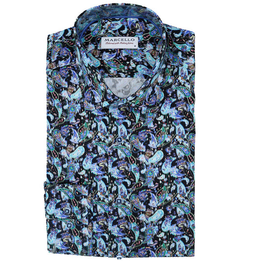 Marcello W-900 Marley paisley cotton shirt with long sleeves and button-front design, featuring a vibrant paisley pattern.
