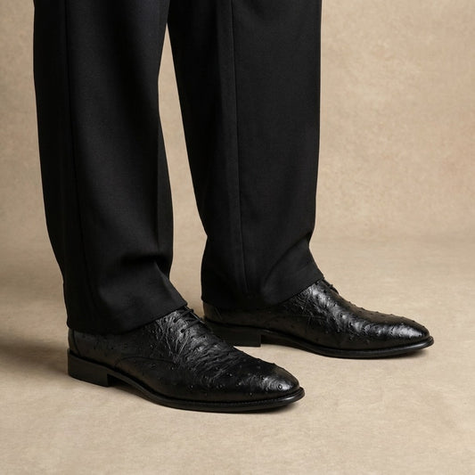 Calzoleria Toscana Toscana 3414 black ostrich leather lace-up shoes with detailed stitching and sleek design.