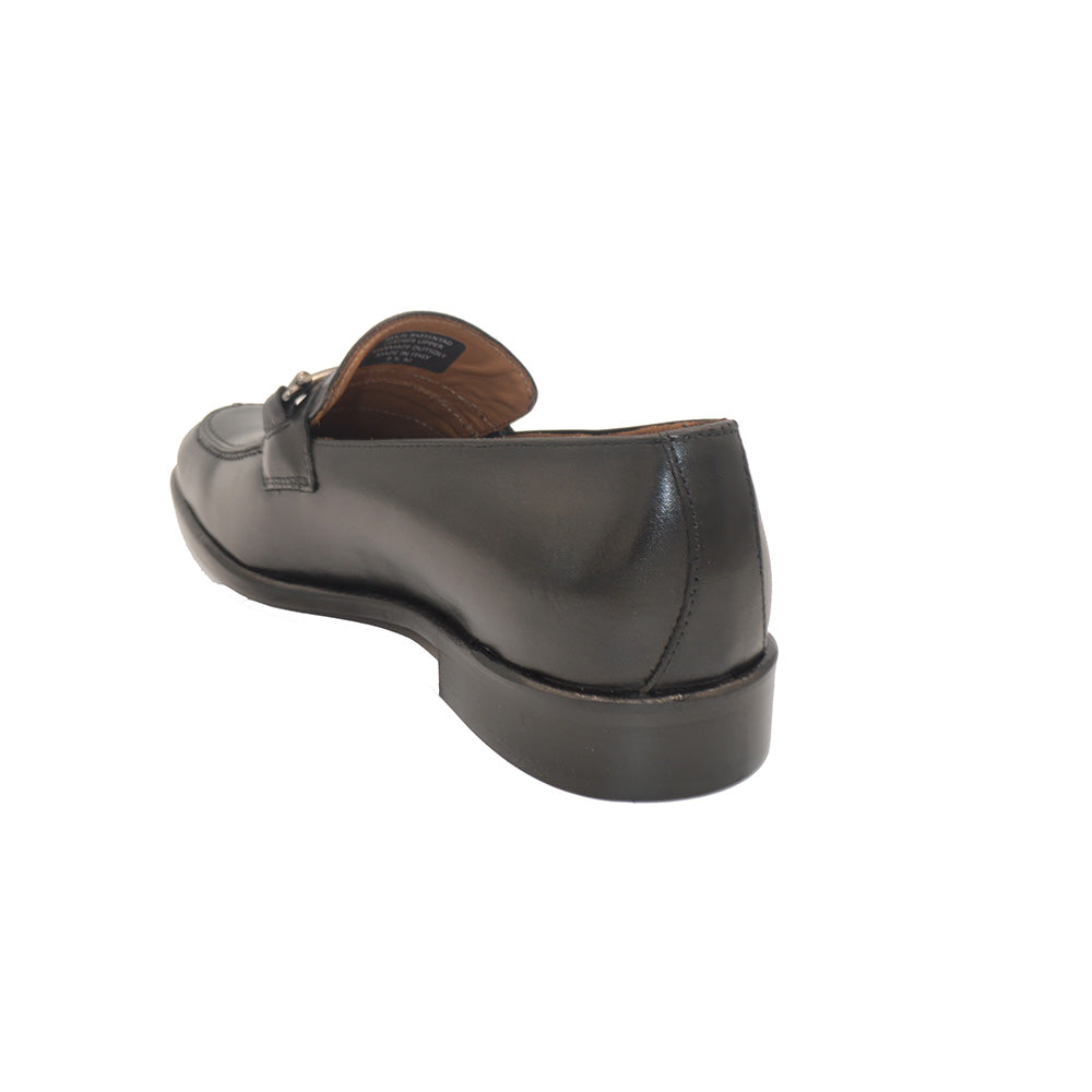 Black Bruno Magli Sante double gore leather loafer showing smooth classic leather with sleek design and double elastic side goring.