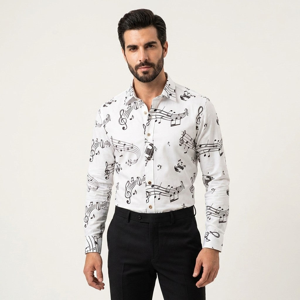 White Philippe cotton shirt with black accents, featuring a stylish black and white music-inspired design on the front.