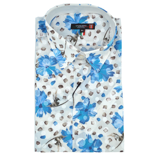 Tarcisio cotton button-up blue shirt with collar and long sleeves, neatly folded on a plain background.