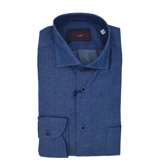 Torras blue 100% cotton shirt displayed on a hanger, showcasing its classic collar and button-down design.