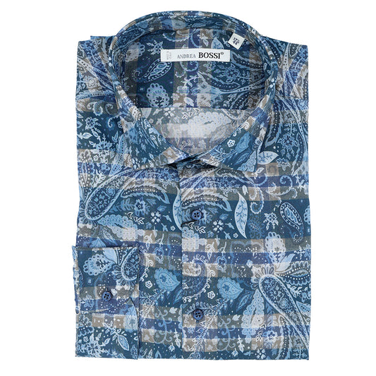 Andrea Bossi 100% cotton button-up shirt in grey and blue, shown on a hanger with collar and button details.