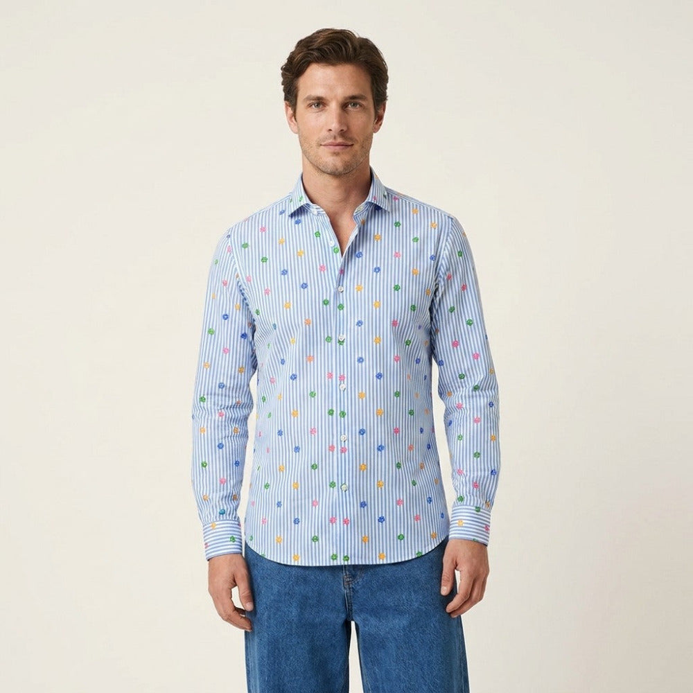Blue Torras cotton striped shirt laid flat, showcasing its classic design and fabric texture.