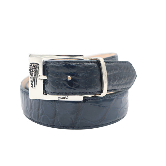 Navy blue Mauri alligator leather belt with a silver buckle, displayed on a white background.