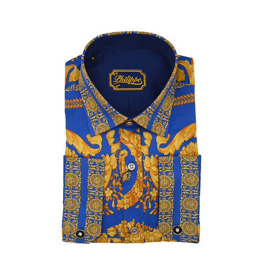 Blue and gold Philippe cotton shirt displayed flat, showcasing its stylish design and fabric texture.