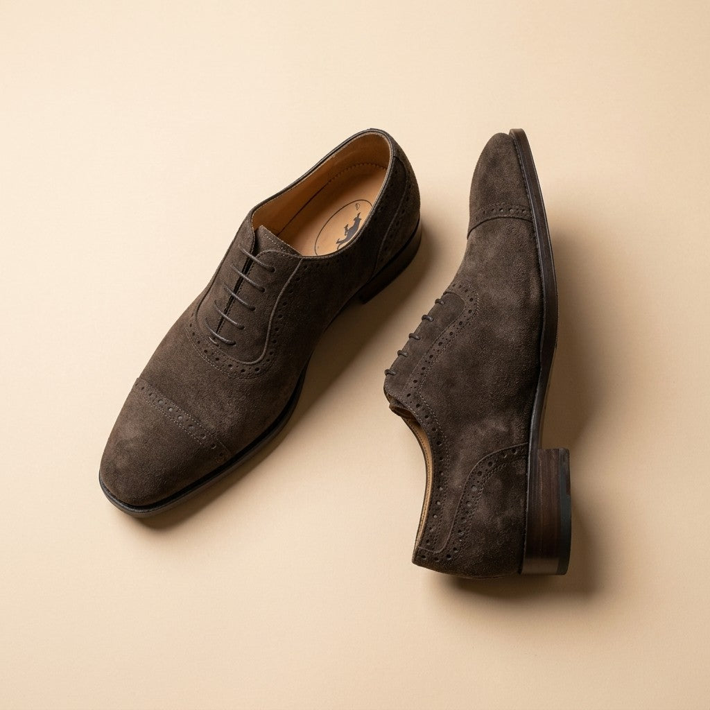 Sheriff Collection Brown Suede Lace-Up Cap-Toe Oxford Shoes