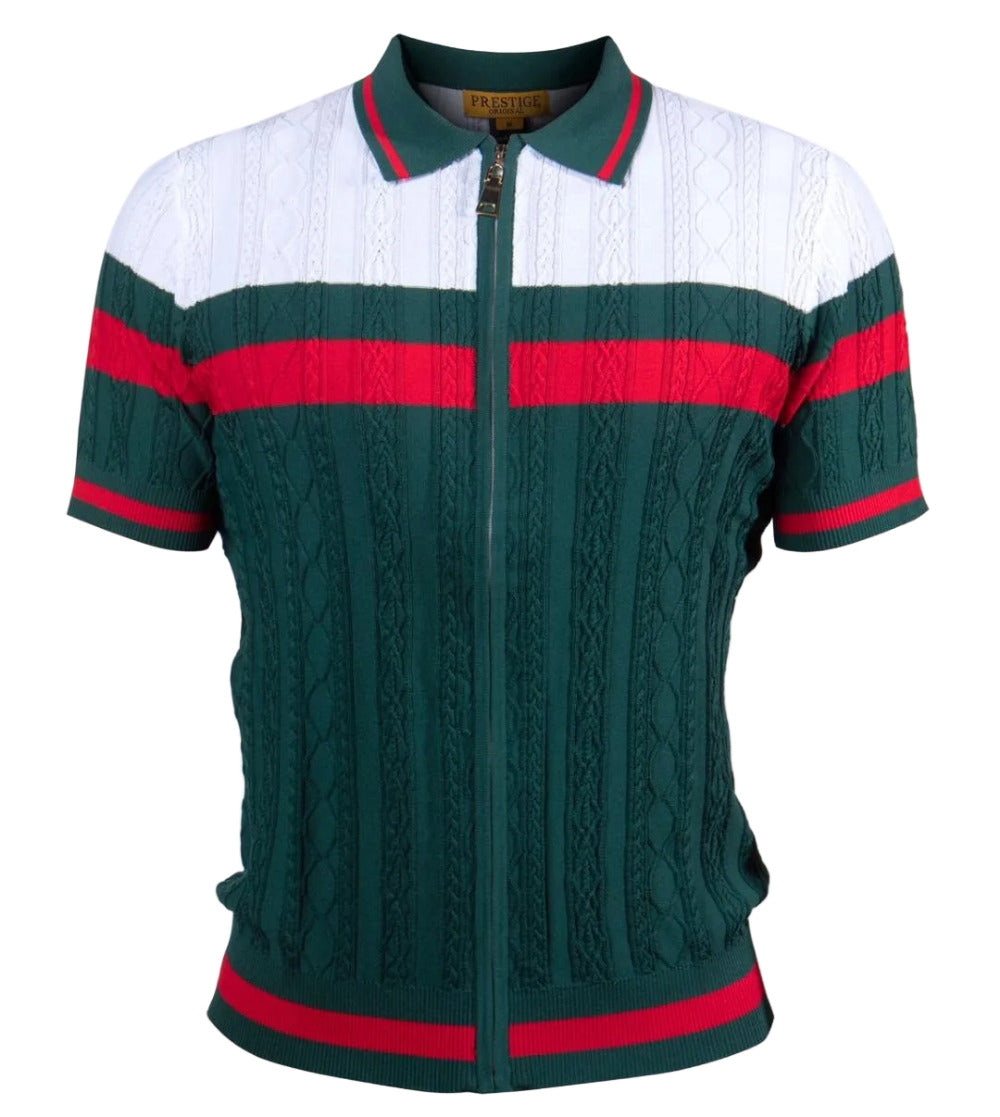 Prestige Zip Up Green, Red and White Polo 180 - Cellini Uomo